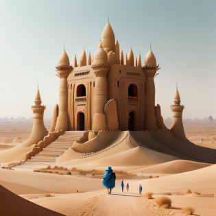 painting of a desert castle with a man walking in front of it, desert temple, ancient epic tower in the desert, somewhere in sands of the desert, sand desert fantasy, in a futuristic desert palace, ancient ruins under the desert, dune city and temples of arrakis, sand and desert environment, by Amir Zand, detailed painting of dune movie, desert city