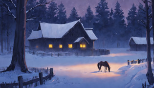 Whose woods these are I think I know.   
His house is in the village though;   
He will not see me stopping here   
To watch his woods fill up with snow.   

My little horse must think it queer   
To stop without a farmhouse near   
Between the woods and frozen lake   
The darkest evening of the year.   

He gives his harness bells a shake   
To ask if there is some mistake.   
The only other sound�s the sweep   
Of easy wind and downy flake.   

The woods are lovely, dark and deep,   
But I have promises to keep,   
And miles to go before I sleep,   
And miles to go before I sleep.