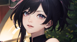 (4K, Best picture quality, A high resolution:1.1), (Masterpiece:1.1)?On the TV screen?Concert scene?The lighting is perfect?Kizi?Black color hair?horse tailed?Sing?Black  top?black short skirt?details on facial expressions?vivaciousness?ssmile?self-assured?