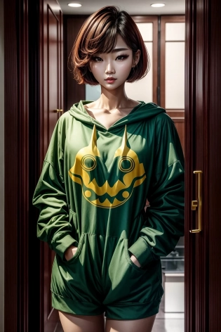 Beautiful Korean woman, kpop idol, (Cute Loose Bob hairstyle), wearing a dinosaur costume, symmetrical eyes, ultra highres, photorealistic, 8k, hyperrealism, dramatic lighting, photography, soft red lipstick, <lora:add_detail:1>
