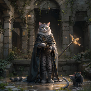 (Numerous award-winning masterpieces, with incredible detail, textures and maximum detail), (hyper realistic:1.4), (Full-length portrait:1.8), (cat standing up on two legs: 1.8), (black cat: 0.3), (calico cat, gray cat, yellow tabby cat, mackerel tabby cat, silver tabby cat, brown tabby cat, black & white cat, Siamese cat), (Veteran and high-ranking cat wizard: 1.7), (realistic:1.3), (highest quality realistic texture fur), (upper body up:0.4), (Finely drawn perfect circle cat's eyes), (Eyes that glow in the dark:1.5), (Fine and beautiful cat face: 1.6), ((medieval world)), (cat standing up on two legs: 1.8), in the dungeon, (A jet-black cloak with delicate decorations: 1.6), (A cloak with delicate decorations, although it is damaged and faded: 1.5), (menacing cat), (Wearing a wizard's black hat: 1.6), (Full-length real cat portrait:1.8), ((looks up)), ((looking down)), (holds a long wizard's staff that is elaborately decorated and emits a mysterious light: 1.7), (dramatic pose), black web robe, (High-ranking cat wizard fighting enemies: 1.2), (High-ranking cat wizard who releases magic from his fingertips: 1.3), fantasy, ((dramatic photo)), ((dynamic photo)), (real cat full body view), highly detailed, ultra-realistic, intricate details, painting (artwork), ((masterpiece,best quality)), ((cinematic light)), hyper realistic, fearsome, dark fantasy, epic realistic, faded, ((neutral colors)), art, (hdr:1.5), (muted colors:1.2), hyper detailed, (art station:1.5), cinematic, warm lights, light effect, dramatic light, (intricate details:1.1), complex background, (Greg rutkowski:0.8), (teal and orange:0.4), Old ruins infested with plants, Ruins of an old castle, Ruins of an ancient castle, Abandoned mine, Deserted ruins, crumbling ruins, Ruins with clear puddles, twilight, sunset, dusk,  Battlefield, bio luminescence,
