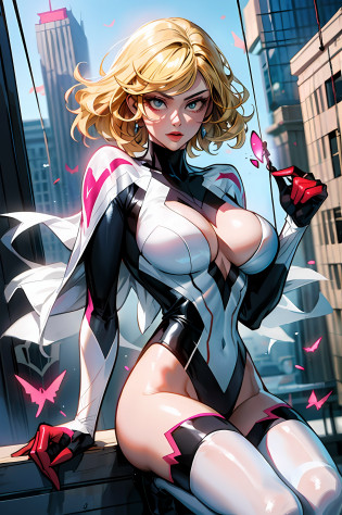 (masterpiece, best quality), 1lady, spidergwen, solo, full body, moderately big boobs, swinging, masterpiece, artstation, dynamic, charming, fantastically beautiful, illustration, dramatic lighting, blonde hair