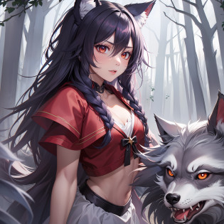 1 Beautiful Girl (8k, Best Quality), Little Red Riding Hood (8k, Best Quality) (Best Quality, Perfect Body Line),(Enamel robe with highest texture,No ears on robe,(Body cover)),Personality is strong-minded,Face (anime,Challenging gaze,Condescending),Adult 18 years old,Highly detailed background (8K),Dark Forest,(Attack (kicking,Kicking,Kicking)),Werewolf charmer,Forging a wolf,Werewolf, werewolf