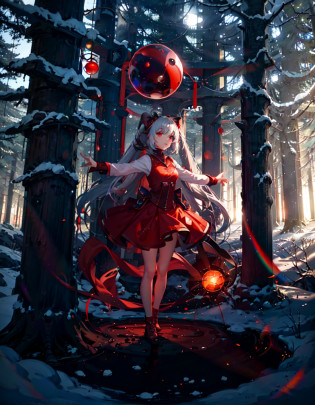 (Masterpiece:0.9), <lora:epiNoiseoffset_v2:1>, (natural lighting:0.8), (grainy:0.7), dark forest AND shining particles AND shining light circle on ground, lines, circles, small circles, large circles AND girl, levitating, (spread arms:1.2), (red small light ball in right hand:1.2), speaking, shining red eyes, menacing,,(Vivid Colors:0.55)
