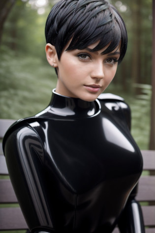 best picture quality, masterpiece, very high resolution, (fidelity: 1.4), photo, 1 android girl, girl is wet from the rain, shiny black steel, like ex-machina, her body is wet from the rain, her hair is wet from the rain, his clothes are wet from the rain, daytime, forest glade, best quality, 8k, masterpiece: 1.3, ultra-realistic, sitting on a bench posing for a photo, leaning towards the camera, ultra-realistic humanoid android, android female close-up, body made of black glossy steel, body of an ultra-modern robot, poses for a photo, short black hair in the shape of a fairy, head like Anastasia ovchinnikova, black short hair, short black hair cut in a pixie style, with short hair, head like Olga Buzova, short black hair, alina ivanchenko, short dark haircut, fairy haircut, fairy haircut, Julia Gorokhova, short dark hair, Masterpiece, (short black hair), outdoors, best quality, very high resolution, raw photo, bright diffused light,