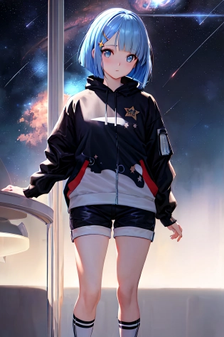 astronomical girl, (with details of stars in the clothes in the hair and in the eyes), with cute white and blue short bob hair, krenz cushart, fantastic realism, cosmos, fantasy art, manhua, ray tracing reflections, streetwear outfit