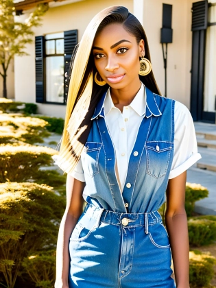 portrait, (mixed ayanajfalistasd15) Madame, Tall, Slim, Round Face, Olive Skin, Blonde Hair, Sapphire Eyes, Short Nose, Thin Lips, Prominent Chin, Shoulder-Length Hair, Straight Hair, Fishtail Braid, large breasts, Dangle earrings, cream, gloss lipstick, A striped jumpsuit with a denim vest, shaking your head, rim light, dappled, Analogous