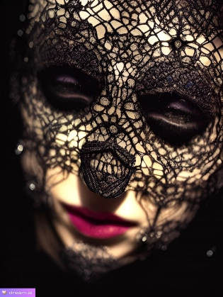 portrait of gorgeous mysterious net masked female face, intricate beading, muted dark tones, sultry and seductive, mysterious and creepy atmosphere, dark, intricate design, dramatic lighting, cinematc, photorealistic, detailed face, light reflected on face, reflective eyes, highly accurate reflections, reflective textures