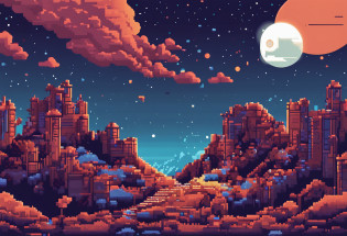 Pixel art of a huge moon in the dark, spoiled night sky, bela arte detalhada do pixel, pixel art detalhado, lo-fi retro videogame, Conceito PixelArt, arte detalhada do pixel, estilo pixel art, cidade de pixel, pixel art animation, pixel art de alta qualidade, starly sky, arte lowpoly cor super detalhada, com uma pequena fonte luz alaranjada no canto esquerdo, como se fosse uma fogueira #pixelarte:3, # pixelarte, #pixelarte