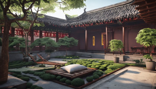wide wide shot?Chinese Garden?After entering the courtyard?You will see a spacious and tidy courtyard?It is surrounded by rooms with different functions?The floor of the courtyard is paved with stone slabs?It is surrounded by bamboo?A variety of green plants are planted in the corner of the courtyard?Such as flowers and plants?Bamboo and small trees, etc?Greenery grows well?It brings a fresh atmosphere and natural beauty to the courtyard?In the middle of the courtyard?There is some simple but comfortable outdoor furniture?For people to rest?Chat or read?China-style.
