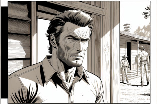 single figure focus, a cowboy Clint Eastwood in a western town, realistic western comic book style, western comic art, western comic style, clint eastwood, realistic western comic book art, by Roy Dalgarno, inspired western comic, dave stevens, inspired by Clint Eastwood, comic book illustration, by Wallace Wood