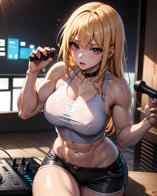 (masterpiece, best quality:1.37), ultra-detailed:1.37, hyper-sharp:1.37, anime style, An illustration of a female bodybuilder with a height of 2m who is DJing while showing off her muscles.

The female bodybuilder is 2m tall and has a muscular build.
A female bodybuilder wears a tank top and shorts, exposing her muscles.
A female bodybuilder is standing in a DJ booth and playing music with turntables and a mixer.
A female bodybuilder is playing music while showing off her muscles.
Audiences are overwhelmed and go wild with her female bodybuilder muscles.
This illustration shows a strong and dynamic representation of a 2m tall female bodybuilder DJing while showing off her muscles. You can clearly see the enthusiastic audience overwhelmed by the muscles of the female bodybuilders.