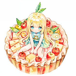 PastelColors:1.5)?(Cute illustration:1.5)?(watercolor paiting:1.2)?Light blue background?girl with?full body Esbian?A smile?Stranger?Pale yellow all over?Moya?marble?colourfull?jello?apple?Cutting apples?Uncut apples?blonde� hair?blue eyess?apple pie?a little mint