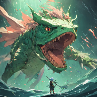 Teenage Mutant Ninja Fish Dragon, colors are shades of aqua green, large head fin and dragon wings, best quality, masterpiece