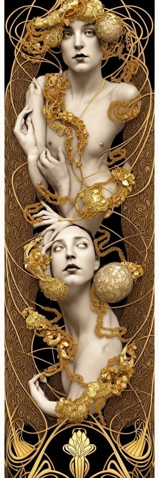 the source of future growth dramatic, elaborate emotive Art Nouveau styles to emphasise beauty as a transcendental, seamless pattern, symmetrical, large motifs, hyper realistic, 8k image, 3D, supersharp, Art nouveau 3D curves and swirls, Glass and Gold pipes, photorealistic colorful Dahlia flowers silk ribbons and gold chains, iridescent and black and shiny gold colors , perfect symmetry, iridescent, High Definition, sci-fi, Octane render in Maya and Houdini, light, shadows, reflections, photorealistic, masterpiece, smooth gradients, no blur, sharp focus, photorealistic, insanely detailed and intricate, cinematic lighting, Octane render, epic scene, 8K