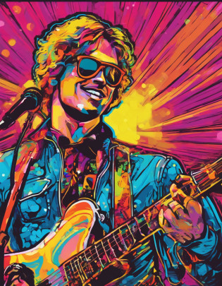 banda de Rock. cantante delgado moreno, gafas de piloto con guitarra. microfono  Tocando en un escenario profesional con luces, niebla, pantallas y pirotecnia. super realista , iluminacion profesional,