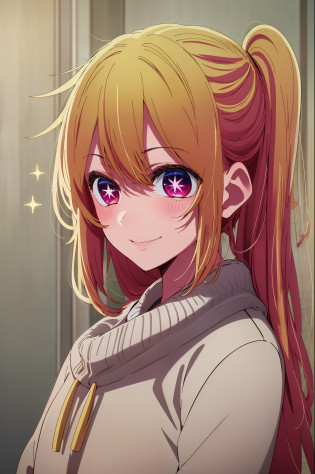 1girl in, ??, Hoshino Ruby, symbol-shaped pupils, Left star-shaped pupil, sparkly eyes, (Left star), red�eyes, blonde� hair, side poneyTail, A smile, Hi-Res, top-quality, ?masterpiece?Pink