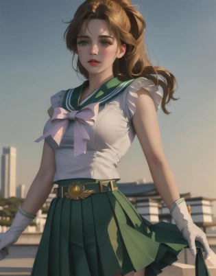 (Cinematic Photo:1. 3) realistic, HD, Photo , eternal sailor jupiter , skirt green, belt, white gloves, background, HD. Photography (masterpiece:1. 2, best quality), ultra detailed, Ultra-precise depiction, Ultra-detailed depiction, , Highly Detailed , outdoors, sunset, plants, japan building <lora:Jupiter10_16:1> <lora:4x_RealisticRescaler_100000_G:1> <lora:epiNoiseoffset_v2:1>
