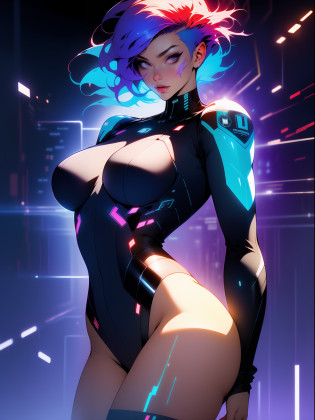 ((Best quality)), ((masterpiece)), (detailed: 1.4), (Absurd), Tank pilot woman ready for war, shiny skin, perfect body, defined muscles, half thick bare thighs, closed mouth, only in panties, include stars in clothing, muscular body covered by technological clothing, Honor Impact style, generous neckline, ((perfect large breasts)), (violet eyes without pupils), ((clothing only in white and red colors)),  (((short blue hair shaved on the sides)))), (thin stripes covering the breasts), (Psychedelic tattoo on the arms), ((circuit drawings)), short underwear, garter belt, by mucha, niji --V5, close to real, psychopath, crazy face, sexy pose, background with a giant Gundam-style Robot head, 2 piece clothing, fractal shoulder pads, pastel, centered, scale to fit dimensions,  HDR (High Dynamic Range),Ray Tracing,NVIDIA RTX,Super-Resolution,Unreal 5,Subsurface Dispersion, PBR Texture, Post-processing, Anisotropic filtering, Depth of field, Maximum clarity and sharpness, Multilayer textures, Albedo and specular maps, Surface shading, Accurate simulation of light-material interaction, Perfect proportions, Octane Render, Two-tone lighting, Wide aperture, Low ISO, White balance, Rule of thirds,  8K RAW, crysisnanosuit