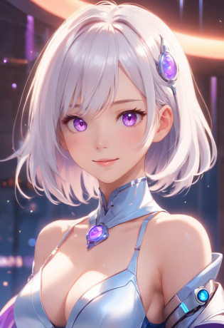 cleavage?Bigchest?sensual seduction?Hyper-realistic?Live-action photo?Stunning beauty?half-body shots?One wearing a pink metal mechanical skirt on a solid background?Silver-white shawl hair woman, 3 D rendering character art 8 K, Cyborg - Girl with white hair, beautiful female android!, beautiful female android, perfect android girl, beautiful android woman, smooth digital concept art, smooth 3d cg render,, sci - fi character, Beautiful robot character design?ssmile?largeeyes?The upper part of the body?cute delicate face, Extremely beautiful face, beautiful delicate face, Stunning anime face portrait, beautiful aesthetic face, Detailed beautiful face, girl cute-fine face, Realistic beautiful face, Beautiful realistic face, beautiful and realistic faces, girl with white eyes?Right shoulders?Blue has God's eyes?Ultra-delicate smooth skin?Asian face shape?Girl futuristic white and pink shiny metallic silver white long dress?Smile without showing your teeth?ssmile???????Purple pupils?largeeyes?Clear strands of hair?Show your upper body?Elongated arms?White skin of the?True ambient colors?20 years old young face?The eyes are crystal clear?Shorten the interpupillary distance?smiling at her lips?Happy expression?purple eyeshadow?Straight nose?rosy lips?Complete facial features?18-year-old girl?Erotic smile?A full-face photo of the front of the face?Bright surroundings?Dress conservatively?Smooth�skin?Shawl hair?