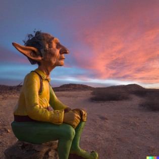 Sergio bustamante colorful statue of bilbo baggins in a desert at sunrise