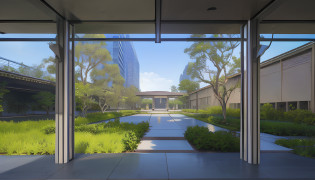 Studio Ghibli and Makoto Shinkai illustration style?there is a view of a courtyard with a fountain and a building, a wide open courtyard in an epic, royal garden landscape, Photos of buildings outside the landscape, inspired by Tadao Ando, courtyard walkway, empty building with vegetation, foster and partners, inspired by David Chipperfield, with a garden as foreground, vibrant greenery outside, lush garden in the background