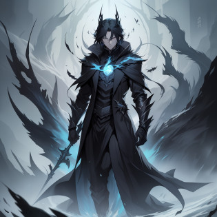 An man anime character stands in a dramatic full-body close-up, shrouded in a black coat with intricate details and a crisp white shirt underneath. The character has an air of mystery, with ghostly and ethereal features, adding to the enigmatic aura. The art style is anime, and the concept art showcases the character's design and presence in an underworld kingdom. The background is veiled in dark smoke, which swirls around the character, enhancing the sense of otherworldliness and darkness. The setting of the underworld kingdom is depicted with eerie elements, such as ancient architecture, shadowy silhouettes, and hauntingly beautiful scenery.