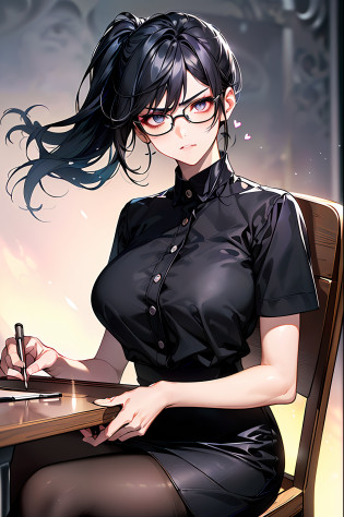 cabelos preto e longos?Black color hair?horse tailed?pigtails??best qualtiy?8K?tmasterpiece??(Sit in the office?sit on chair?There was a table in front of him?Capture???(A pretty maiden?The expression is serious?Unhappy?with short black hair?Wear glasses?Huge eyes:1.3?Long eyelashes?Delicate makeup:1.4?Sexy lips)?(Sit in the office?sit on chair?There was a table in front of him?Capture????Professional teacher dress-up?wearing a blacked shirt???middle  breasts?endure??(Black oily transparent pantyhose???Black hip skirt??Light ripe?Royal sister?Best light?Best shadow??????28 years old?1girll?Need??realskin?Supple skin?Ray traching?Unreal Engine 5?Reflective skin?Digital illustration?Game CG characters?super model??kpop,heartthrob??(Body edge lighting?Colored light sources are around)?There is wind blowing hair?