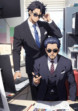 A middle-aged man in a suit and sunglasses stands in front of the computer, official anime key visuals, high detail official artwork, official anime artwork, young anime people, anime key visual concepts, anime key visuals