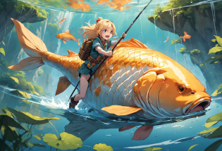 An illustration of an adventurer riding a giant carp on the surface of the water. The stage of the illustration is a vast lake. The water of the lake is crystal clear. A giant carp floats in the middle of the lake. An adventurer is riding on the carp's back. The adventurer is manipulating the carp with a brave expression. Additionally, you can add the following elements: Adventurers carry weapons such as swords and bows. Carp have golden scales. The koi jumps and makes sharp turns out of the water to carry the adventurer. BREAK, Adventurers are looking for hidden treasures on an island. I heard that the treasure is hidden on an island in the middle of the lake. An adventurer decides to ride a giant carp across the lake. With the help of the carp, the adventurers arrived at Treasure Island. In this scene, the adventurers are trying to overcome difficulties and achieve their goals with the help of a giant carp. Koi also responds to and empowers the adventurer's courage and determination.