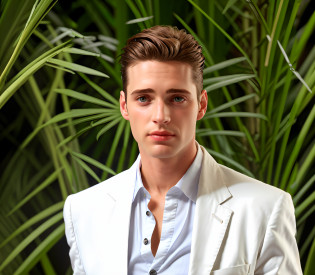 Arafed hombre con traje blanco y corbata parado frente a una palmera, hermoso joven, Retrato de un hermoso joven, Foto de perfil, guapo y atractivo, Joven atractivo, guapo masculino, Modelo bien arreglado, Joven guapo, Modelo masculino, guapo impresionante realista, Marca ariana, Joven lindo, Cara guapa perfecta