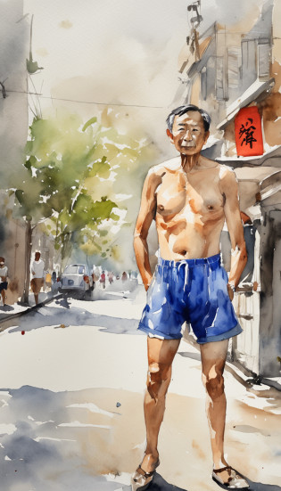 On the sidewalk stood a Chinese man in blue shorts??, age 55?Inspired by the portrait of Yves Klein, shutter inventory, Photorealism, Blue shorts, Bare-chested shoulders, Short middle-aged man, sweat shorts,, is wearing a shorts, Athletic shorts, Short shorts, is wearing a shorts