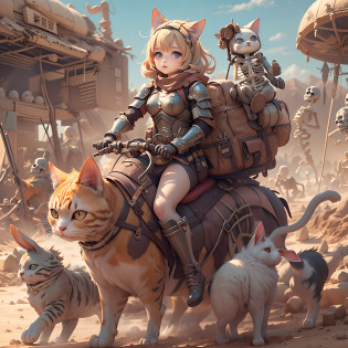 ((Girl riding a cat))?((The action of walking in a desert wasteland))?((Wasteland))?((Rabbit-eared girl))?((Girl 1 And Fat Cat 1))?((Riding a fat cat))?Fat cat in heavy armor?((maru?Fat cat))?Girl with a magic wand?magical little girl? Wearing armor and shield? Full body ?Highly detailed, High budget, Highly detailed, ,((the wasteland))?((Countless skeletons behind))?8K? ?????????Rabbit in a bag