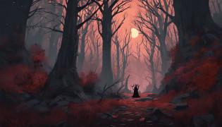 There is a magician in a forest with a full moon in the background, Gothic forest, Fundo escuro da floresta, Castlevania Inspirado, Dark forest scenery, Fundo sombrio da floresta, fundo da floresta, fundo escuro da floresta pastel, inside an epic gothic forest, Castlevania, Gothic forest, Epic Forest, Castelv�nia, Dracula's Forest, Gothic forest in the background, fundo medieval da floresta, dark cemetery, Gothic cemetery, ((graveyard)), ((mago)), (Pixel Art)