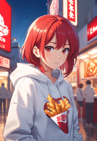 1 girl, Kentucky Fried Chicken (KFC) theme, Kentucky Fried Chicken (KFC) style, restaurant, red hair, white hoodie