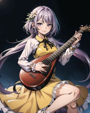 <lora:touhou_tsukumo:1.0>, 1girl, tsukumo benben, solo, smile, looking at viewer, holding, instrument, lute \(instrument\), twintails, hair flower, dress, long sleeves, <lora:add_detail:1>, masterpiece, best quality, perfect composition