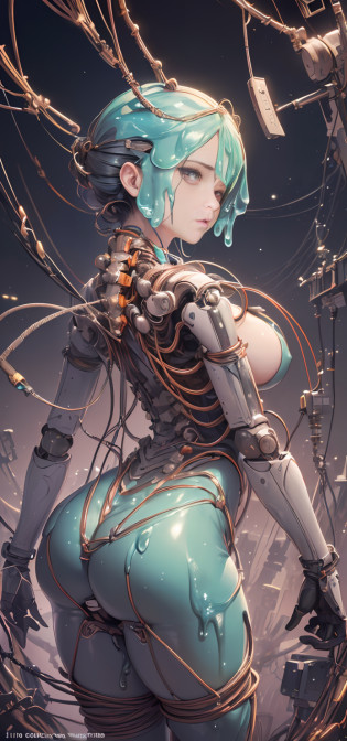 (Masterpiece, top quality, best quality, official art, Beauty and Aesthetics: 1.2), (1 Girl: 1.3), Very Detailed, Colorful, Most Detailed ((Super Detailed)), (Water Surface), (Highly Detailed CG Illustration), (Very Delicate and Beautiful), (From the Side Side), Cinematic Lighting, ((1 Mechanical Girl)), Single, Complete, (Machine-Made Joints: 1.2), ((Mechanical Limbs)), (Many Mechanical Tentacles), (Binding), (Real), (Real, (Buttocks), (Sexy Pose), (Blood Vessels Connected to Tubes), (metal nipple), (mechanical vertebrae attached to the back), (real breast), (real, (exposed, ((mechanical cervical vertebrae attached to the neck)), (legs open), (expressionless, (wire and cable attached to the neck: 1.2), (wire and cable attached to the head: 1.2) (character focus), science fiction, black background, (slime: 1.5)
