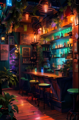 there is a bar with a lot of plants and bottles on the shelves, dimly-lit cozy tavern, dimly lit dive bar, dimly lit cozy tavern, cozy cafe background, inside a bar, pleasant cozy atmosphere, colorful concept art, highly detailed digital painting, lush foliage cyberpunk, a multidimensional cozy tavern, cyberpunk garden, dreamy colorful cyberpunk colors