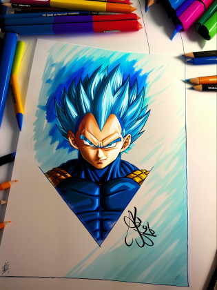 a closeup of a drawing of a blue haired goku, high quality colored sketch, vegeta, with vegeta head hair, super saiyan blue, an anime drawing, portrait of Vegeta, high quality fanart, inspired by Toriyama Sekien, dragonball character, Vegeta of dragon ball, anime drawing, highly detailed portrait of Vegeta, colorful drawing,  Prince Vegeta.