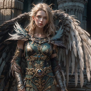 (Numerous award-winning masterpieces, with incredible detail, textures and maximum detail), (full-body standing image:1.8), (upper body up:0.3), (hyper realistic:1.4), (realistic:1.3), (best quality real texture skin), (Lord's Hell Demon Warrior: 1.6), (Holds a sinister straight sword hilt that emits an elaborately decorated glow of hellfire: 1.9), (finely detailed true circle Symmetrical eyes), (finely drawn beautiful face), ((medieval world)), (Full body armor with delicate decoration that gives off a sinister shine: 1.8), (full-body standing image:1.8), (Beautiful yet evil eyes), (Smiling cruelly), (Eyes of a sinister color filled with malice), (Majestic thunderclouds and sky with shining lightning: 1.4), (halo optical phenomenon:1.3), Dramatic Light, majestic sight, (Large wings with Jet black feathers behind the shoulders:1.7), (((Folded wings))), Glass earrings on the ears, (((dramatic photo))), (full-body standing image:1.8), (Sacred Pose), (golden hair), (silver hair), (chestnut hair), Short cut hair, ((looks up)), ((looking down)), (Around her neck is a simple necklace of exquisite workmanship), Old ruins infested with plants, great temple, great cathedral, temple ruins, detached temple, (Luminous magic circle), Ruins of an ancient castle, Deserted ruins, crumbling ruins, Ancient ruins with clear water, highly detailed, ultra-realistic, intricate details, painting (artwork), ((masterpiece,best quality)), ((cinematic light)), hyper realistic, fearsome, dark fantasy, Sacred Light, epic realistic, faded, ((neutral colors)), art, (hdr:1.5), (muted colors:1.2), hyper detailed, (art station:1.5), cinematic, warm lights, light effect, dramatic light, (intricate details:1.1), complex background, (Greg rutkowski:0.8), (teal and orange:0.4),