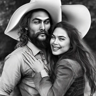 Hyper realistic handsome cowboy with cowboy hat and sheriff's badge, jason momoa body type and size, facing and embracing short beautiful short woman in Victorian dress, , shot at sony A1 with sony 50mm f1/2 GM lens, natural light, natural colors, film style, Kodak film, film look, high resolution, photo, photographic, hyper realistic, photorealistic, high detail.