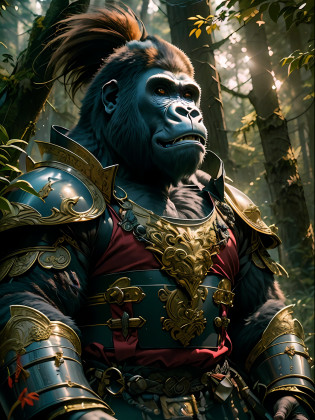 (high resolution, CGI, masterpiece:1.4), (detailed CGI image of a gorilla adorned in a complete samurai armor with a kabuto helmet:1.4), (Nikon Z7 camera, perfect for capturing lifelike textures:1.2), (paired with a Nikon AF-S NIKKOR 85mm f/1.4G lens:1.2), (the gorilla's majestic and powerful physique in full view:1.1), (the samurai armor in striking red with intricate golden details:1.1), (shimmering metallic textures bringing realism to the CGI:1.1), (the kabuto helmet proudly sitting on the gorilla's head:1.1), (intricate engravings and patterns embellishing the armor and helmet:1.1), (the gorilla standing tall and imposing in a forest setting:1.1), (tall trees with lush foliage surrounding the scene:1.1), (sunlight filtering through the canopy, casting dappled shadows:1.1), (the gorilla's eyes exuding a sense of wisdom and determination:1.1), (a captivating fusion of nature and samurai prowess:1.1), (the atmosphere charged with an aura of honor and strength:1.1), Cinematic, Hyper-detailed, insane details, Beautifully color graded, Unreal Engine, DOF, Super-Resolution, Megapixel, Cinematic Lightning, Anti-Aliasing, FKAA, TXAA, RTX, SSAO, Post Processing, Post Production, Tone Mapping, CGI, VFX, SFX, Insanely detailed and intricate, Hyper maximalist, Hyper realistic, Volumetric, Photorealistic, ultra photoreal, ultra-detailed, intricate details, 8K, Super detailed, Full color, Volumetric lightning, HDR, Realistic, Unreal Engine, 16K, Sharp focus, Octane render