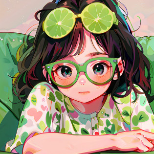 A thermometer in his mouth?Anime girl with green glasses and green lime slices on her head, lofi-girl, anime visual of a cute girl, Kawaii realistic portrait, Girl with glasses, lofi portrait, With glasses, Cute anime girl, lovely art style, Lofi art, lofi girl aesthetic, cute round green slanted eyes, cute kawaii girls, cute�anime�face