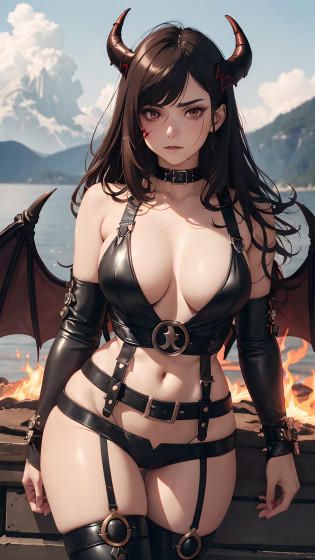 (Frantiac Kupka style), ultra realistic 8k cg, Picture-perfect face, Flawless, Clean, RAW photo, Intricate details, absurderes, Realistic anime, Perfect anatomy, (Beautiful and aesthetic:1.2), (18-year-old female as Gloria 2, Gloria \(Pokemon\) In Diablo style, blood stain,Blood:1.2), Solo,  Beautiful brown eyes, eyeslashes, in black lipstick:1.5, (Brown hair, bangs, Long hair, Bob cut,), (devil horns:1.5, Leather demon wings:1.5), (Devil skin cuirass, Devil leather harness, Devil leather bracers, Demon leather sedan car, Devil leather ornaments, Devil skin thigh armor,  belt buckle, Pok� ball buckle:1.5), (Full body shot, Frown at the audience), (Cloud, Cloudy sky), Fire ,Red, Flame,Flame,Explosion, day, Depth of field, dock, beach, Blue sky, Mountainous horizon, Ocean, Outdoors, jetty, Waves, Pubiesmons, camel-toe, erected , highly detailed hair, Highly detailed face, sfv