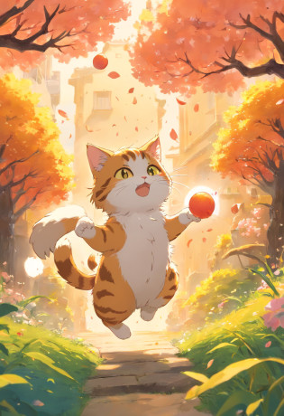 Obra maestra, La mejor calidad, Gato y bola de hilo, Gato jugando con bola de hilo, Detalles, warm colours, Falling peach petals around, Anime de gatos, Lindo
