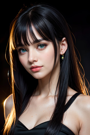 RAW photo, face portrait photo of beautiful young female with long sleek black hair with bangs ((flat bangs)), green eyes, 18ish girl, beautiful face, wearing black dress, smile face, closed mouth, not looking at viewer, hard shadows, cinematic shot, dramatic lighting.(Ultra Realistic), (Illustration), (Increased Resolution), (8K), (Extremely Detailed), (Best Illustration), (Beautiful and Detailed Eyes), (Best Quality), (Ultra Detailed), (Masterpiece ), ( wallpaper), (detailed face), solo, 1 girl, mature, age 25,looking at viewer, fine details, detailed face, in the dark, deep shadows, low key, pureerosfaceace_v1, smiling, long hair, black and white, shawl straight hair , 46 points oblique bangs, masterpiece, best quality, 35mm, 8k, absurdres, beautiful girl, (upper body, dark grey background:1.4), (black classical dress, black hair:1.6), slender, dark studio, rim lighting, ultra realistic, highres, photography, film grain, chromatic aberration, depth of field, sharp focus, HDR, facelight, dynamic lighting, cinematic lighting, professional shadow, dark shadow, highest detailed, extreme detailed, ultra detailed, finely detail, real skin, delicate facial features, detailed face and eyes, sharp pupils, realistic pupils, long black hair with bangs, black hair top, white hair undercolor, Split Hair Two Tone , Split Hair Two Tone black and white color hair,black hair, white hair, mix hair color,green eyes, white hair  emerald eyes. white hair, platinum hair color, green eye, green pupil.