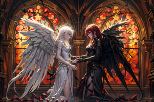 medium wide angle,  image of a beautiful angel and a sexy demon girl, embracing each other inside a church, the angel has white feathers wings and white hair, the demon girl has dark bat wings and red hair, they are happily hugging each other, the image is split into two side, one side is full of golden angelic auras, the other side is filled with dark nether gleam, showcasing a story of forbidden love