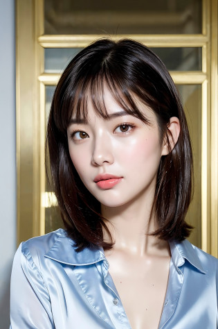 japanese beautiful woman,Ultra detailed skin,Ultra-fine,drooing eyes,high detailing,(short-haired with bangs:1.2),(Photorealsitic:1.4),(Top image quality:2.0),(?A high resolution:1.0), (?masterpiece:1.5),(pureerosface:1.5),big eye,the skin is wet,White and beautiful skin,((Shiny satin fabric shirt,Satin fabric underwear)),lipgloss,bocchi,Lustrous glowing mouth,