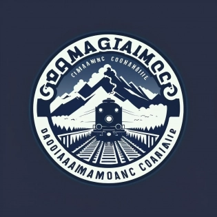 railway company logo, "La Compagnie", locomotive, tracks mountains, clouds, round shape, dark blue colors --v 4