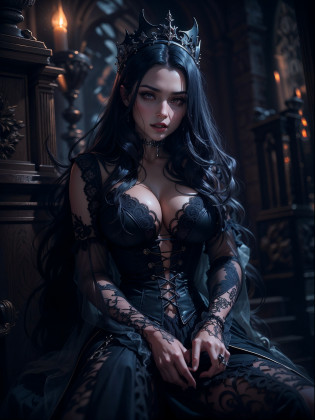 (Masterpiece, Gothic fantasy depiction:1.3), (Charming image of a vampire with sharp fangs, Long black hair, and a sexy body:1.2), (Designed to embody dark and supernatural charm:1.2), (Canon EOS 6D camera, Selected for its ability to accurately capture dimly lit scenes:1.2), (With Canon EF 50mm f/1.8 STM lenses?Used to focus on detail in low light:1.2), (The pale skin forms an otherworldly contrast with the darkness:1.1), (Sharp fangs hint at her predatory nature:1.1), (The layers of black hair set off her face with a mysterious aura:1.1), (Dressed in fitted Gothic clothing?Highlights her charm:1.1), (Sitting majestically on a medieval throne in the dimly lit room of the castle:1.1), (The intricate details of the castle architecture hint at its age and grandeur:1.1), (Scarce lighting creates an unforgettable atmosphere:1.1), (Her crimson eyes sparkled in the shadows, Capture the essence of her supernatural existence:1.1), (The camera's sensor captures the nuances of light and shadow:1.1), (The camera focuses on her mysterious expression and harsh gaze:1.1), (Depicting the mysterious beauty of the Vampire Queen:1.1), (Instantly frozen in time, Capture the essence of dark fantasy:1.1), (A photograph transports the viewer into the realm of Gothic charm and mythological intrigue:1.1)), Cinematic, Hyper-detailed, insanely details, beautifully color-graded, illusory engine, degrees of freedom, Hyper-Resolution, megapixel, Cinematic lightning, Anti-aliasing, FKAA, TXAA, RTX, SSAO, post-proces, postproduction, Tone-mapping, .CGI, vfx, SFX, insanely detailed and intricate, hyper-maximalist, Ultra photo realsisim, volumetr, Photorealistic, The ultra-realistice, Ultra-detailed, Intricate details, Super detailed, Full color, Volumetric lightning, hdr, Realistic, illusory engine, 16k, Sharp focus, rendering by octane